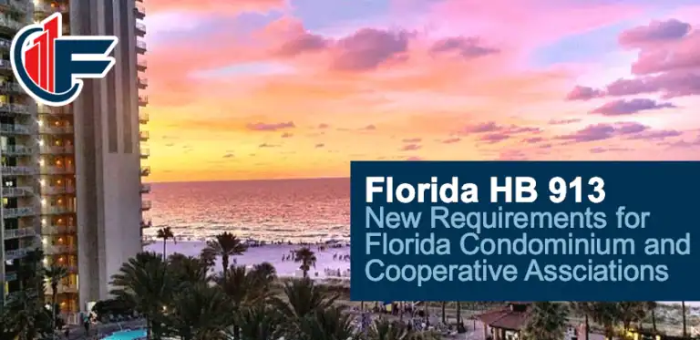 Promotional banner for Florida HB 913 - sunset over beachfront condo with "New Requirements for Florida Condominium and Cooperative Associations" text and FL logo