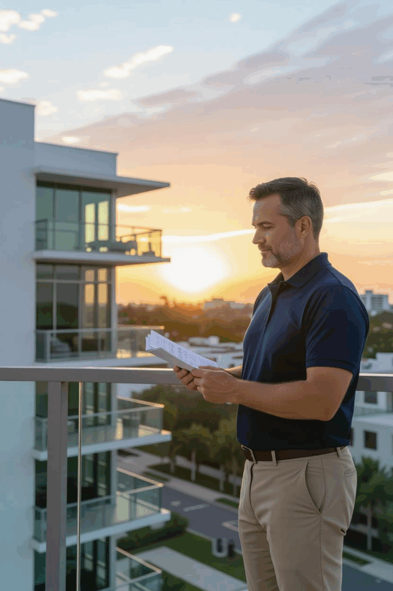 Expert Conducting Condo Reserve Study in Orlando - FPAT FPAT professional performing a reserve study for an HOA condo in Orlando, FL, ensuring compliance with Florida’s Structural Integrity Reserve Study (SIRS) requirements.