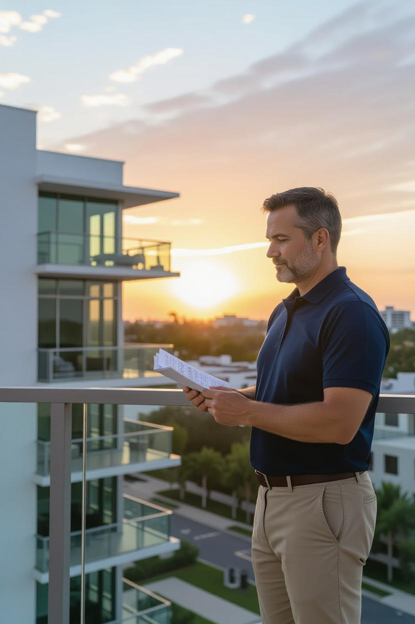 Expert Conducting Condo Reserve Study in Orlando - FPAT FPAT professional performing a reserve study for an HOA condo in Orlando, FL, ensuring compliance with Florida’s Structural Integrity Reserve Study (SIRS) requirements.