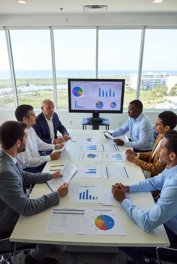 Discussing 36-Month Condo Appraisal Requirements in Florida - FPAT - FPAT Group of Professionals at a Round Table in a Florida Office Analyzing Pie Charts and Documents for Condo Insurance Appraisals Overlooking the Ocean