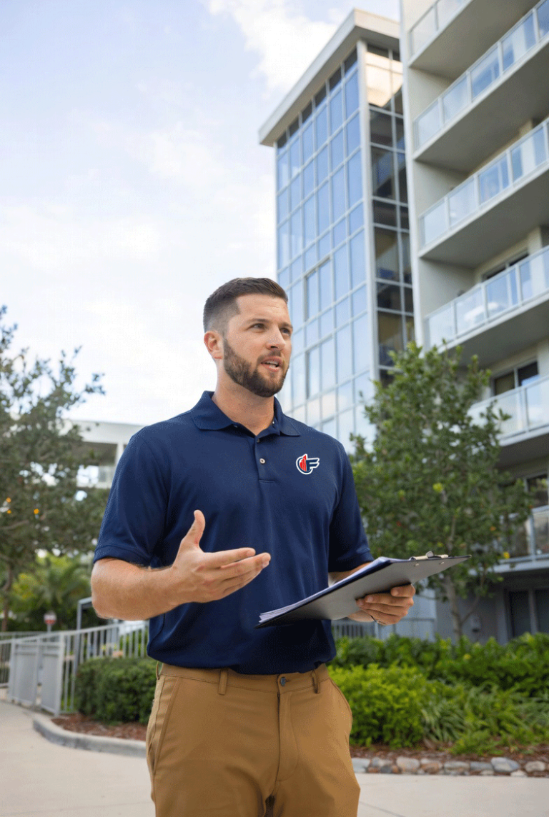 Orlando Condo Insurance Appraisal Inspection by FPAT - FPAT - FPAT Fpat Insurance Appraisal Expert Conducting an Onsite Inspection at an Orlando High Rise Condo Discussing Replacement Cost Valuation