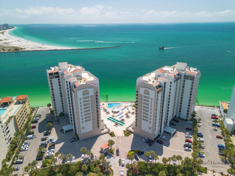 450-s-gulf-blvd-Clearwater-Beach-33767 - FPAT - FPAT Aerial View of Twin Beachfront Condo Towers at 440 West and 450 West on Clearwater Beach Florida Perfect for Condo Insurance Appraisal and Replacement Cost Valuation by Fpat