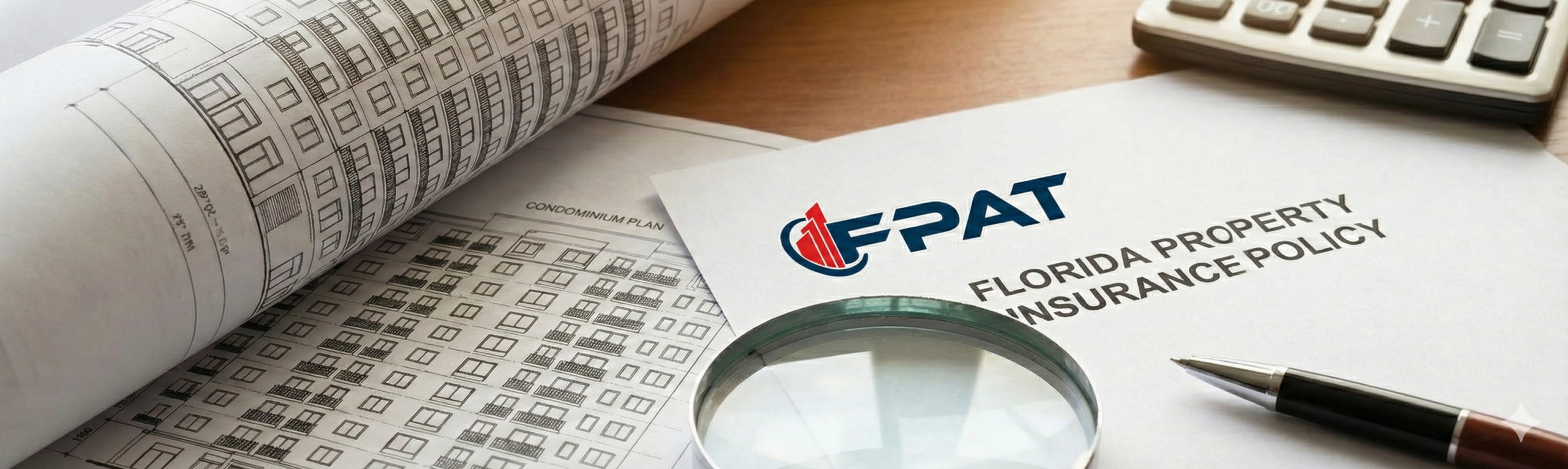 desk featuring a architectural blueprint of a condominium, a magnifying glass over a Florida Property Insurance Policy with the FPAT logo, a calculator, and a pen.