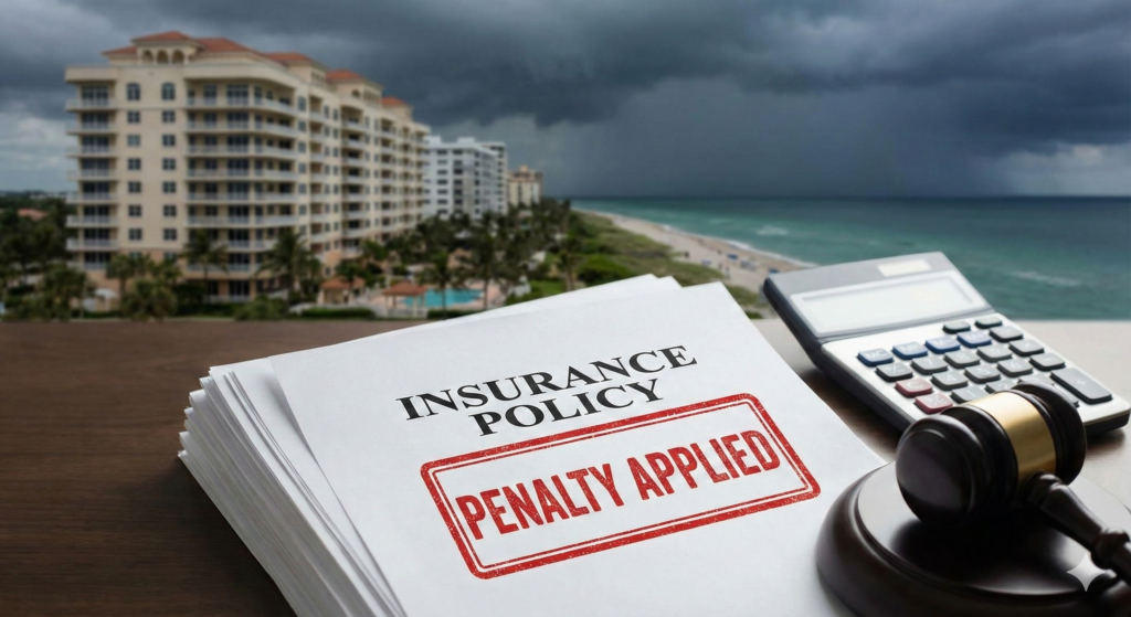 Florida condo insurance policy with a red Penalty Applied stamp, showing a calculator and gavel in front of a coastal condominium building during a storm.