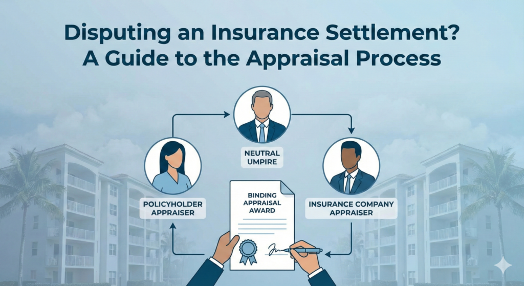 Infographic showing the insurance appraisal process in Florida with icons for Policyholder Appraiser, Insurance Company Appraiser, and Neutral Umpire leading to a Binding Appraisal Award.