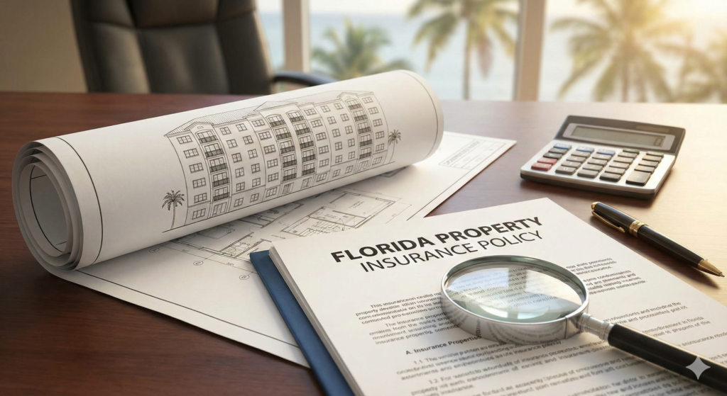 A professional desk setup in Florida featuring a rolled architectural blueprint of a condominium, a calculator, a pen, and a magnifying glass focused on a Florida Property Insurance Policy.