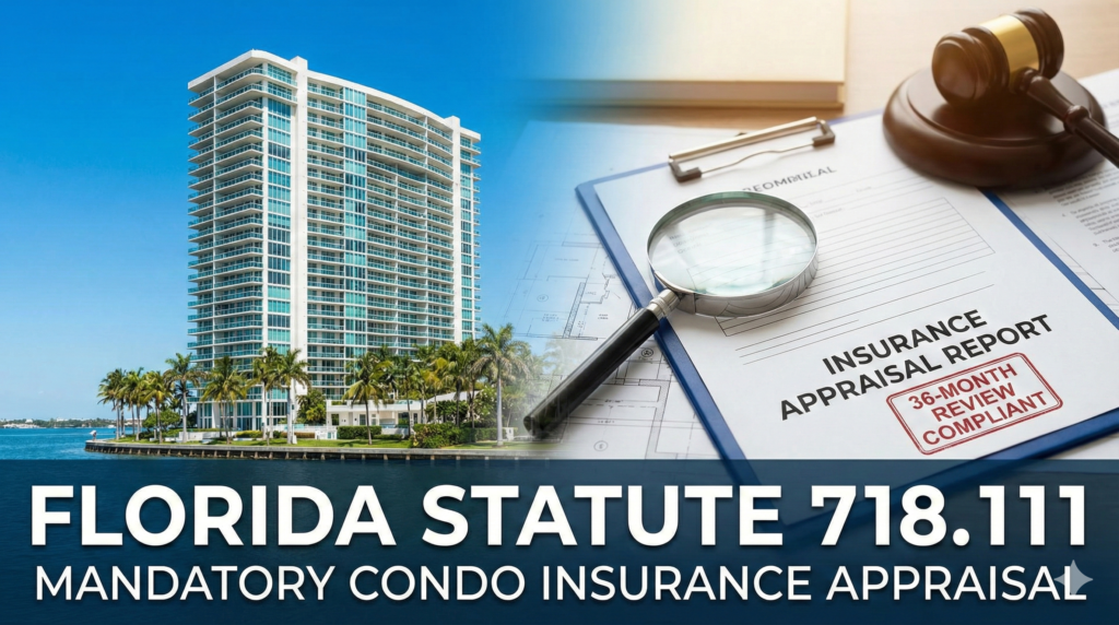Header image for an article on Florida Statute 718.111, showing a waterfront condo building next to legal documents, a gavel, and a magnifying glass over an 'Insurance Appraisal Report' with a '36-Month Review Compliant' stamp. The text reads 'FLORIDA STATUTE 718.111 - MANDATORY CONDO INSURANCE APPRAISAL'