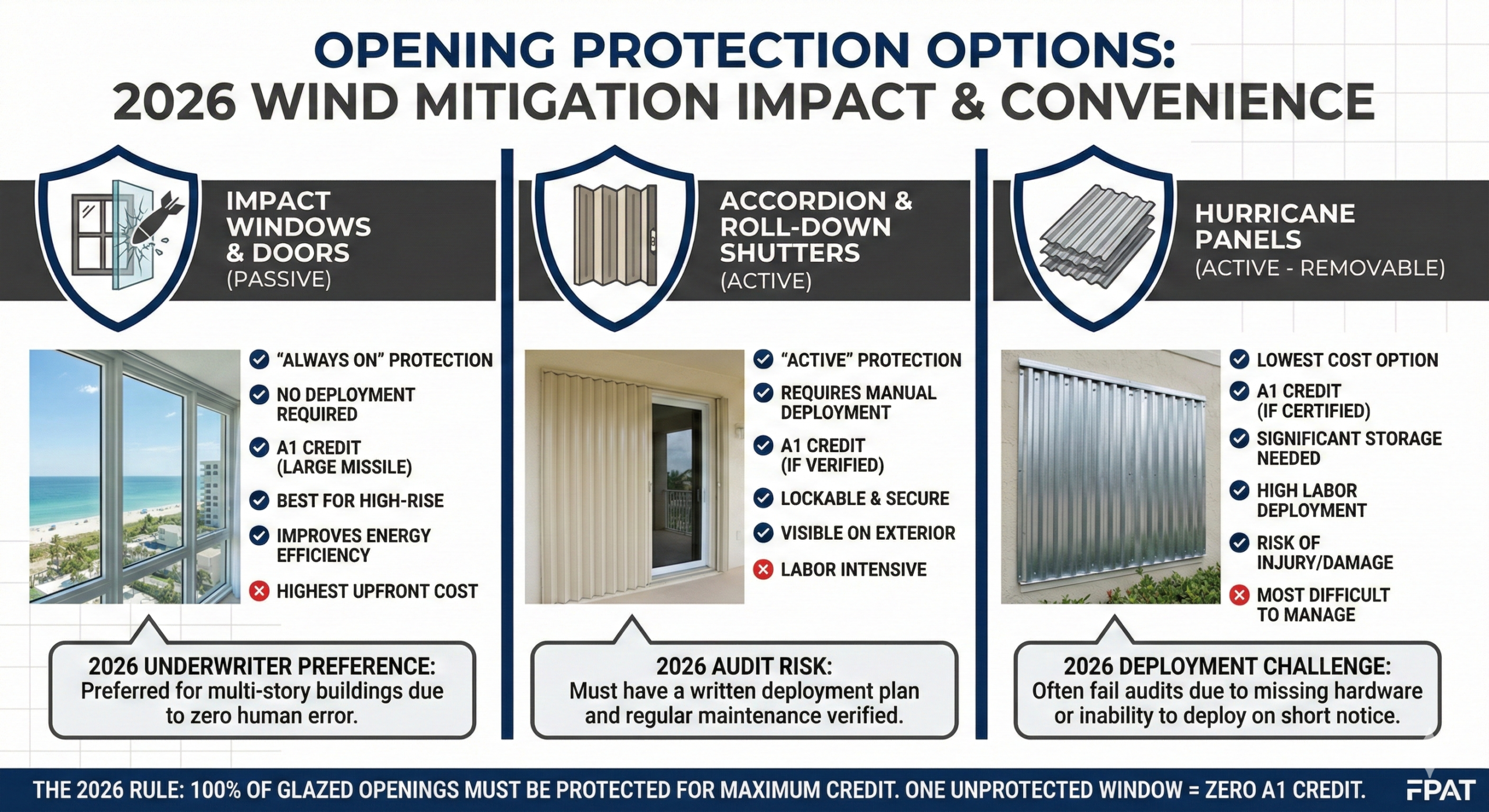 2026 Comparison: Impact Glass vs. Accordion Shutters vs. Hurricane Panels Comparison chart of Florida wind mitigation opening protection: Impact windows (passive), accordion shutters (active), and hurricane panels (removable) for 2026 insurance credits.