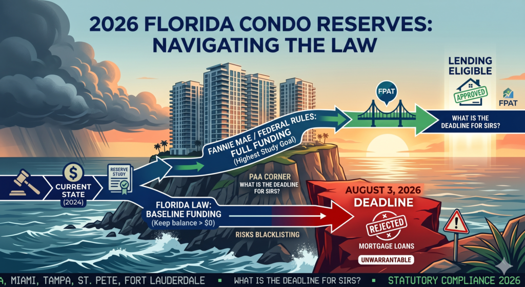 Infographic comparing Florida HB 913 baseline funding laws versus the strict 2026 Fannie Mae condo reserve requirements for conventional lending eligibility.