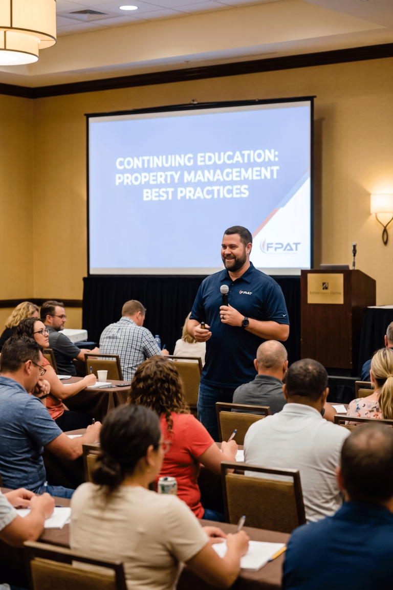 FPAT DBPR-Approved CAM Continuing Education Seminar – Eric Presenting - FPAT - FPAT Speaker with Microphone Presenting at a Conference Projection Screen Reads Continuing Education Property Management Best Practices