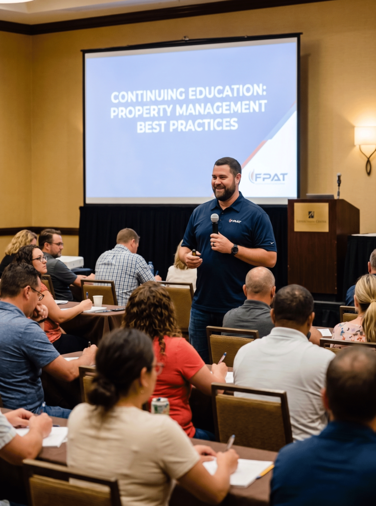 dbpr-cam-continuing-education-fpat-floridawebp - FPAT - FPAT Male Presenter with Microphone at a Conference Screen Behind Reads Continuing Education Property Management Best Practices