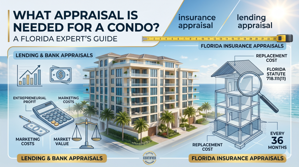 Infographic comparing market-value lending appraisals and replacement-cost insurance appraisals for a coastal Florida condominium.