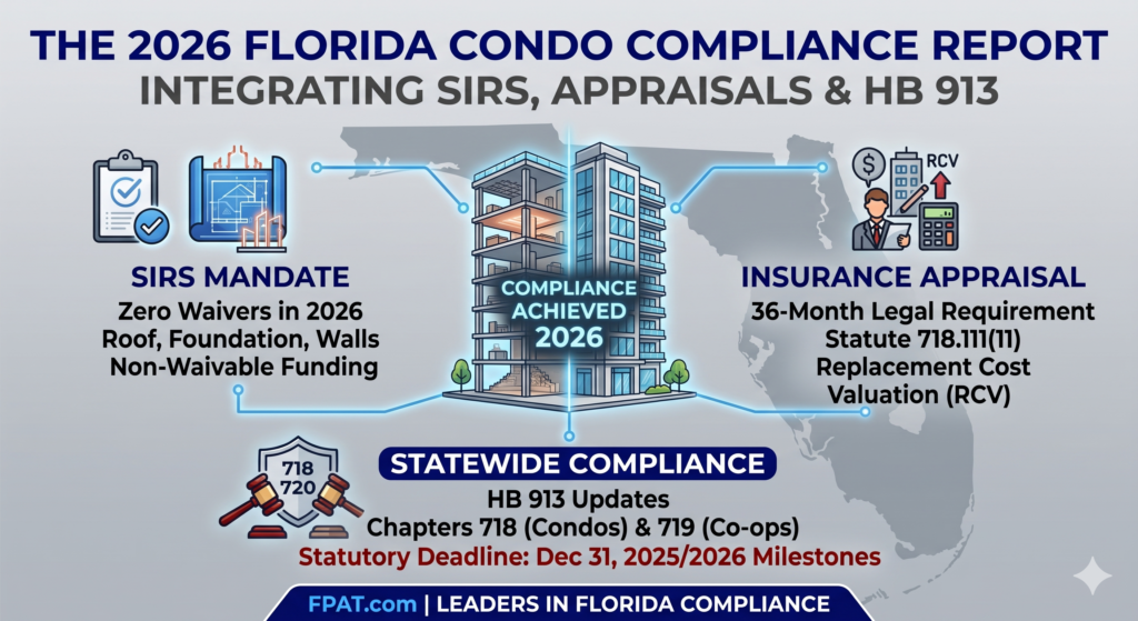 Definitive 2026 guide and infographic for Florida condominium compliance, detailing Structural Integrity Reserve Studies (SIRS), HB 913 funding mandates, and the 36-month insurance appraisal requirement under Florida Statute 718. Produced by FPAT.