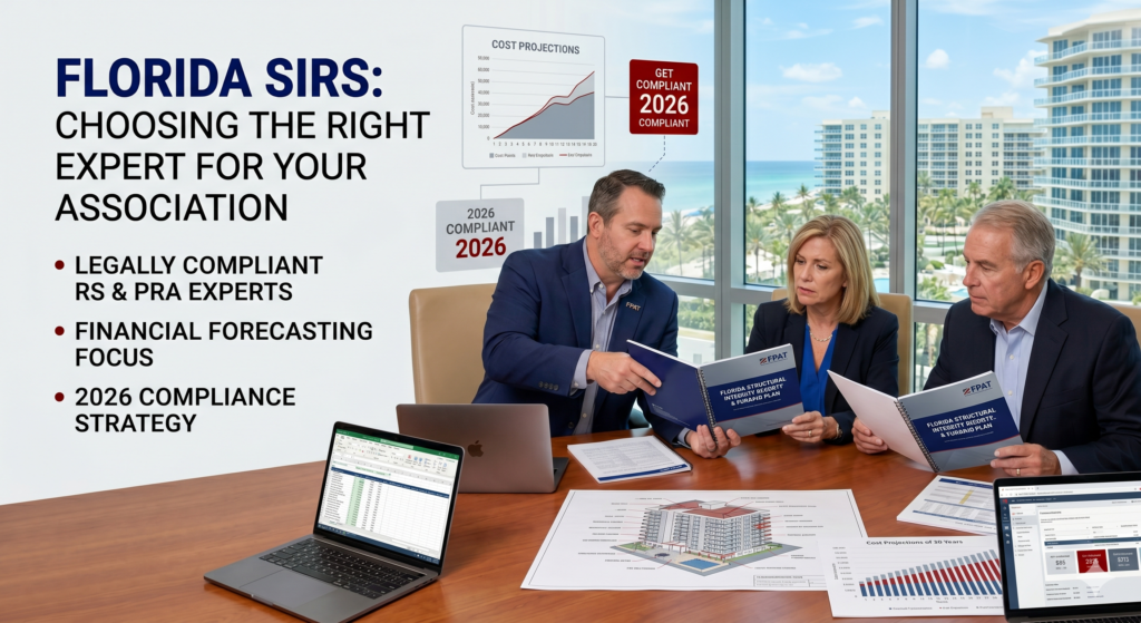 Felten Property Assessment Team (FPAT) credentialed Reserve Specialists reviewing a Florida SIRS report and financial forecasting plan for 2026 condo statutory compliance.