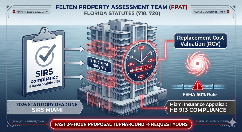 Infographic about Florida property assessment showing a tall building, a clock, a clipboard labeled 'SIRS compliance', and a 'Replacement Cost Valuation (RCV)' sign with other policy callouts.
