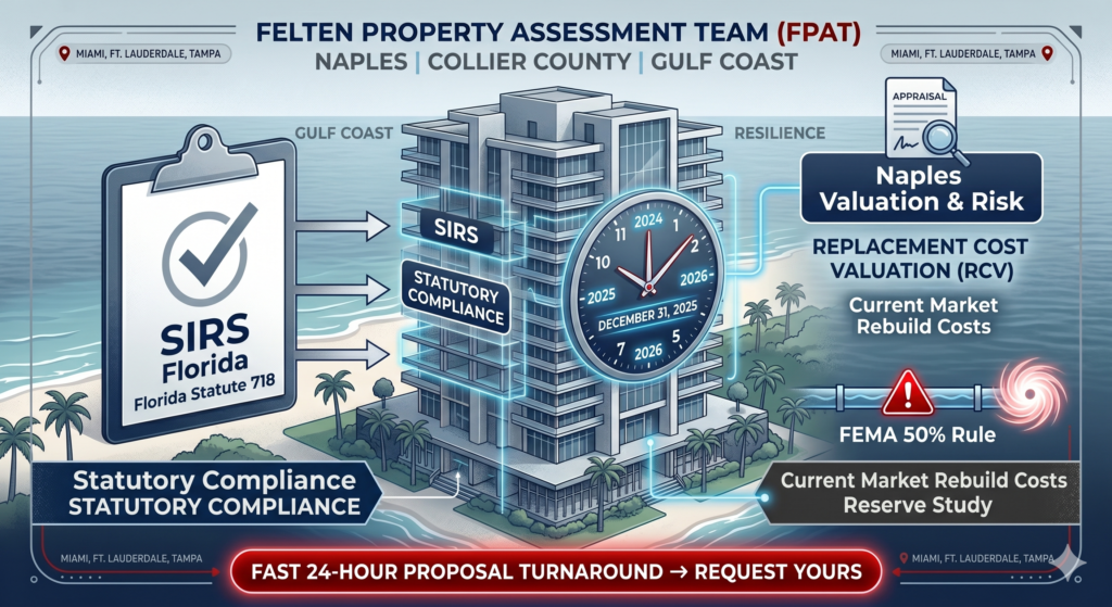 Infographic by Felten Property Assessment Team (FPAT) illustrating a Naples condominium building with 2026 statutory deadlines for SIRS compliance, Replacement Cost Valuation (RCV), and the FEMA 50% Rule under Florida Statute 718.
